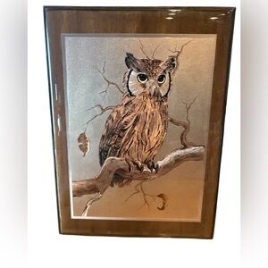 EUC C.Hoss Owl Bird Print Metallic Foil Art Vintage 8x10